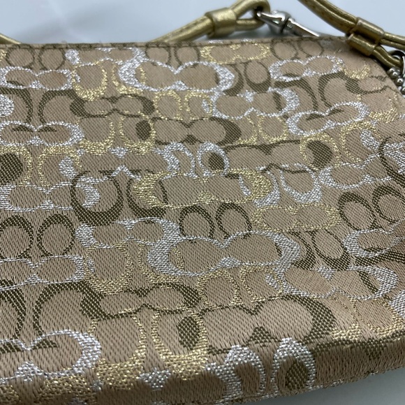 COACH Mini Signature Lurex Small Wristlet Bag Gold/Silver - Picture 7 of 10